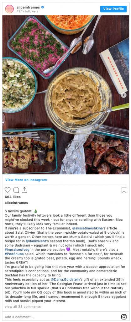Alice Zaslavsky instagram post of christmas food leftovers 